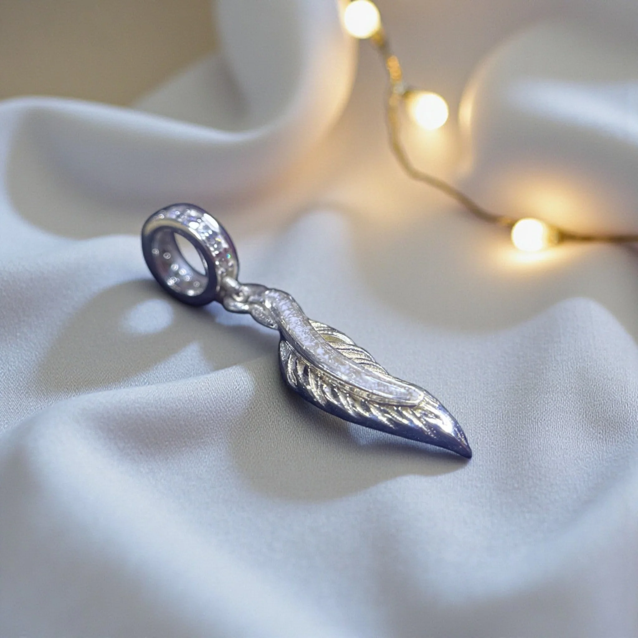 Feather CZ Dangle Bracelet Charm 925 Silver