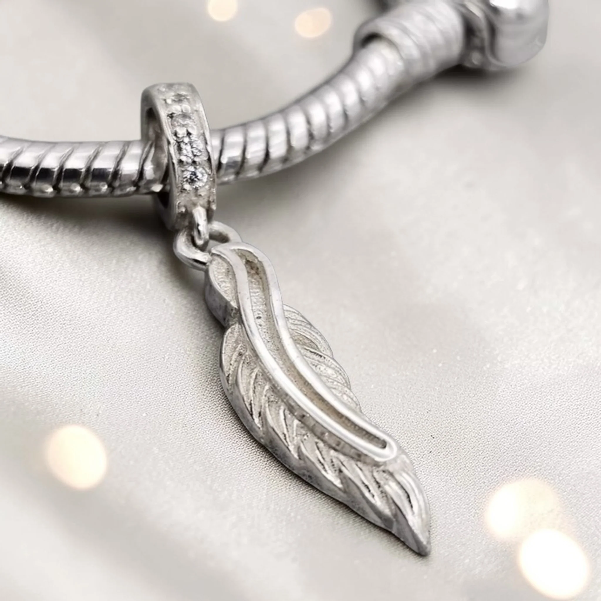 Feather CZ Dangle Bracelet Charm 925 Silver - Image 2